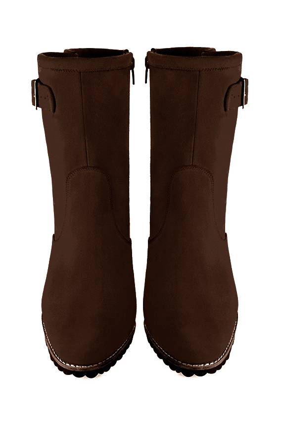 Dark brown women's ankle boots with buckles on the sides. Round toe. High block heels. Top view - Florence KOOIJMAN